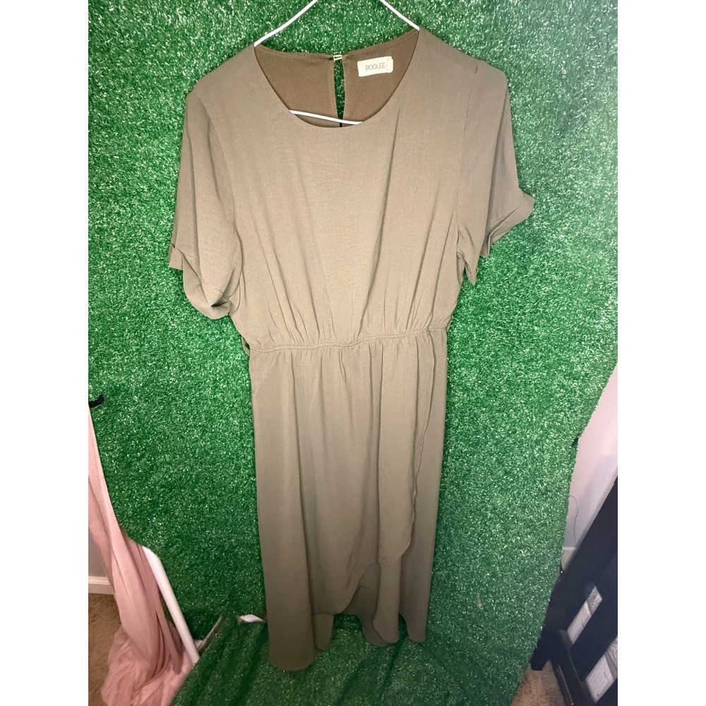 Roolee Olive Green Short Sleeve Maxi Dress Elastic Waist Women's Medium